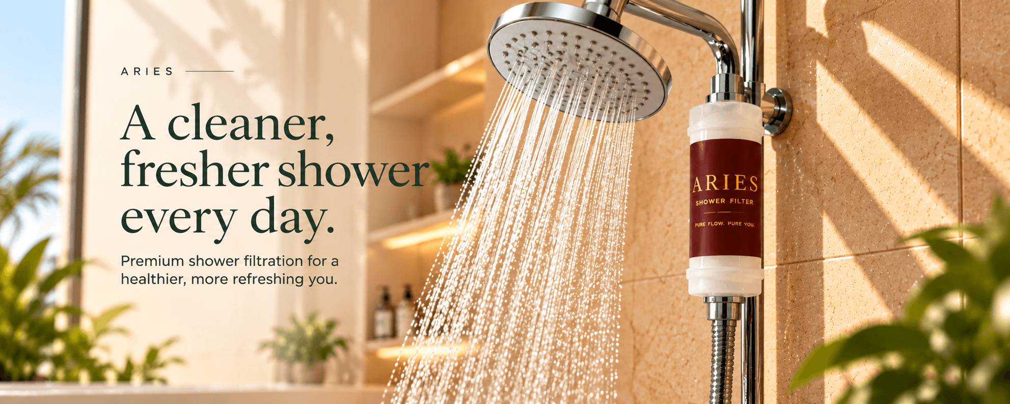 Aries shower filter installed in a warm, modern shower.